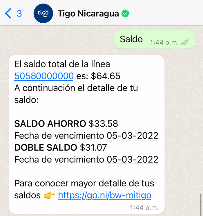 Consultar Saldo - Whatsapp - Tigo Nicaragua