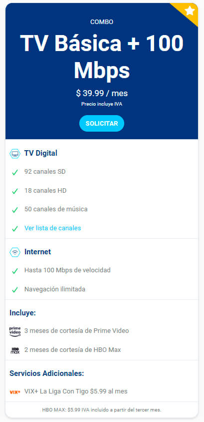 Oferta TV Básica + Internet 100 Mbps - Tigo Nicaragua