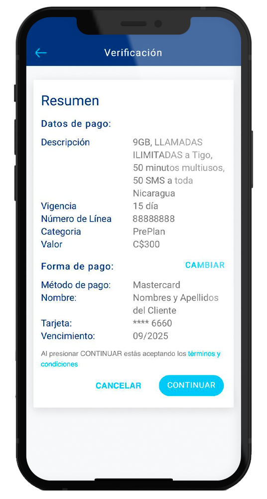 Resumen | Comprar - Activar Preplan | App - Recarga Tigo Nicaragua